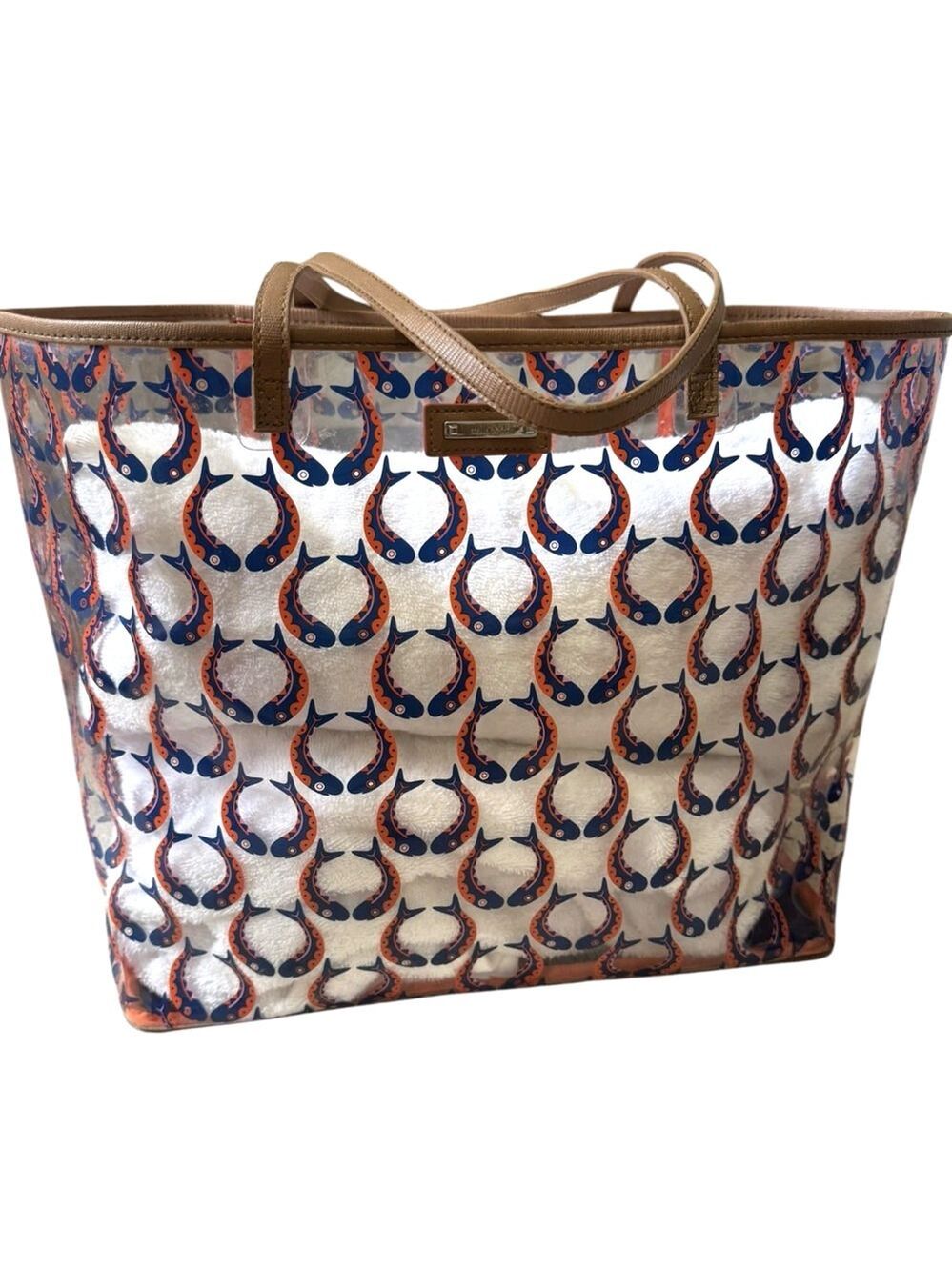 Stella & Dot XL Clear Beach Tote Bag Fish Print Pocket PVC Beach Pool